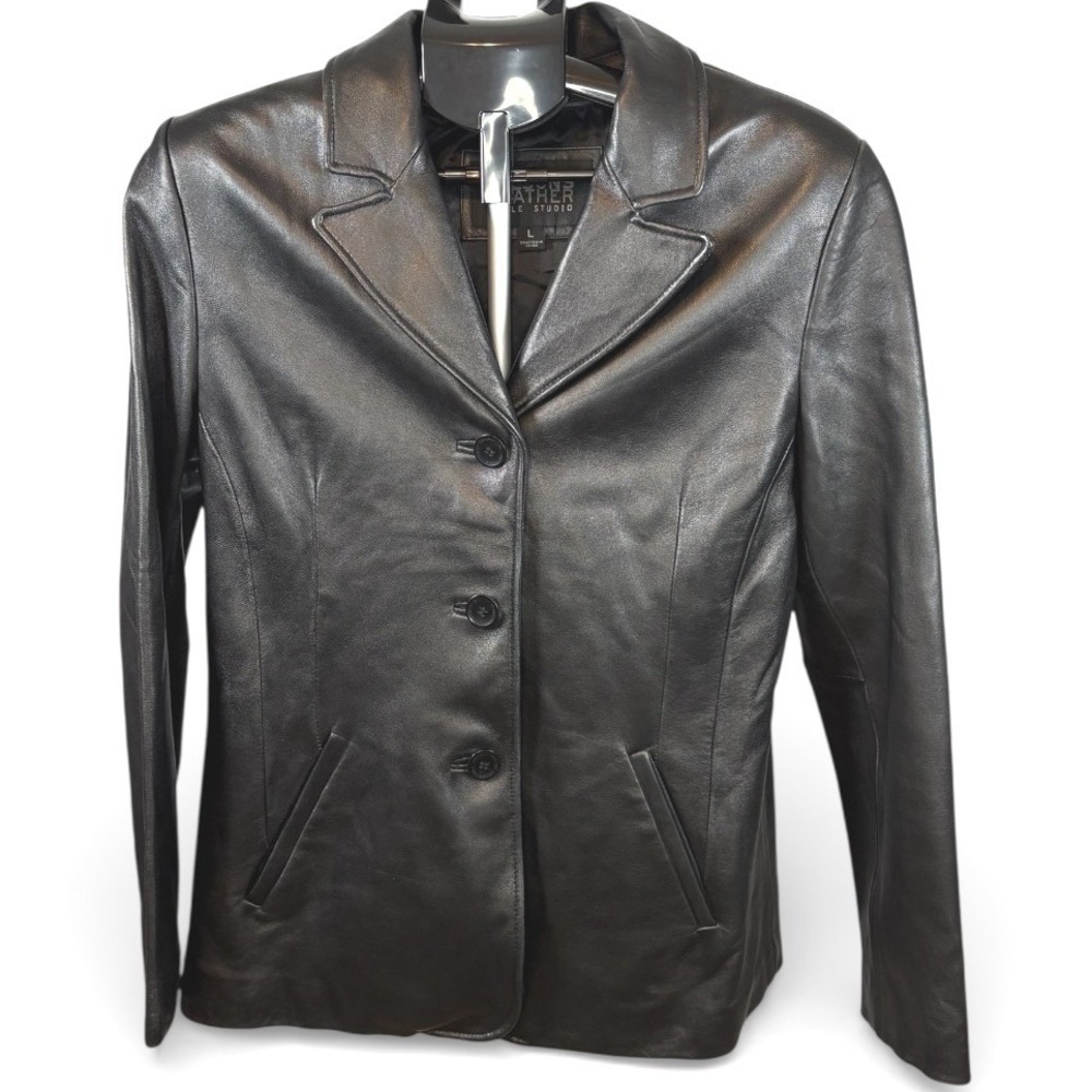 Wilsons Leather Pelle Studio Black Leather Blazer Jacket Womens Large 3‎ Button
